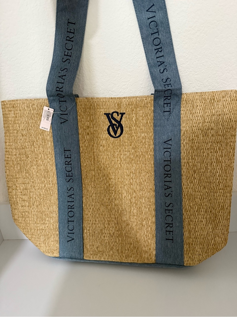 Victoria's Secret Natural Straw Tote with Blue Denim Logo Straps